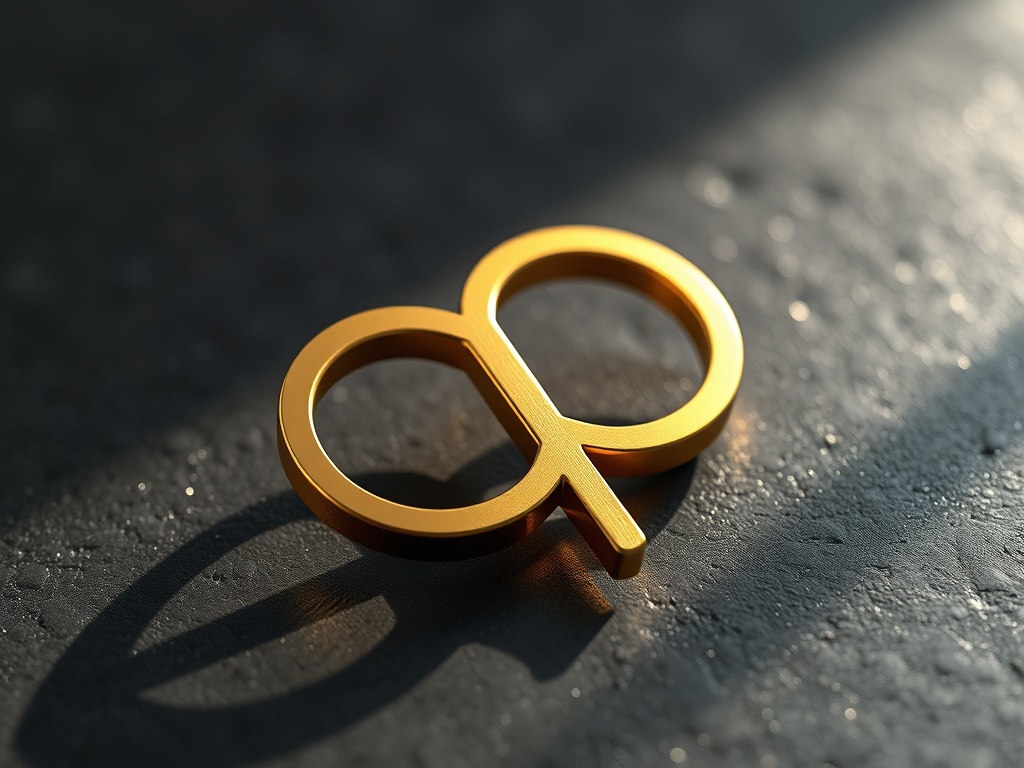 Close-up of a golden geometric abstract symbol resembling an infinity loop or arrow, resting on a textured dark grey surface, dramatic side lighting, metallic reflections, photorealistic, 8k macro